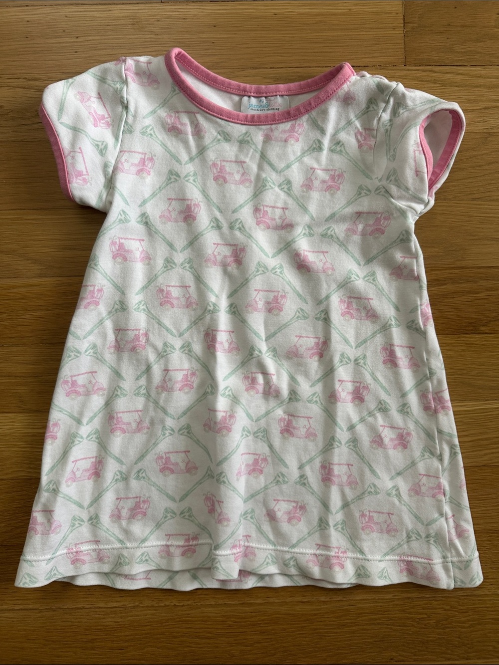 Kids White Short-Sleeve Dress with Pink Golf Cart Print